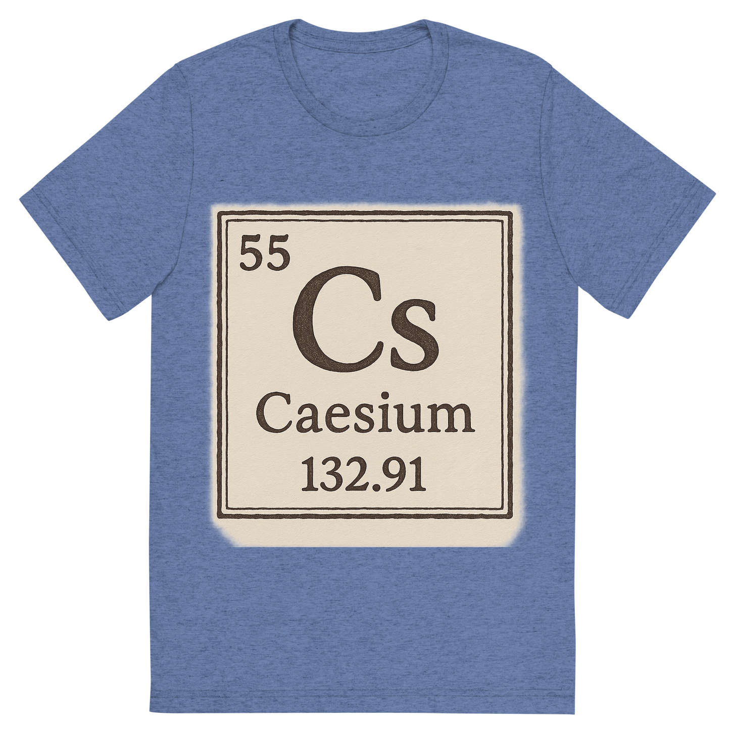 Front view of a Premium Tri-Blend Crew Neck T-Shirt in Blue showing 'A line art, nostalgic graphic of caesium's entry on the periodic table, use a dark color for the lines and text'