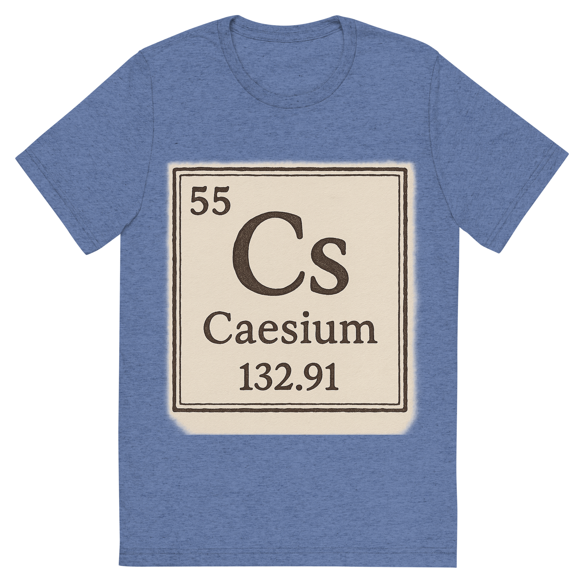 Front view of a Premium Tri-Blend Crew Neck T-Shirt in Blue showing 'A line art, nostalgic graphic of caesium's entry on the periodic table, use a dark color for the lines and text'