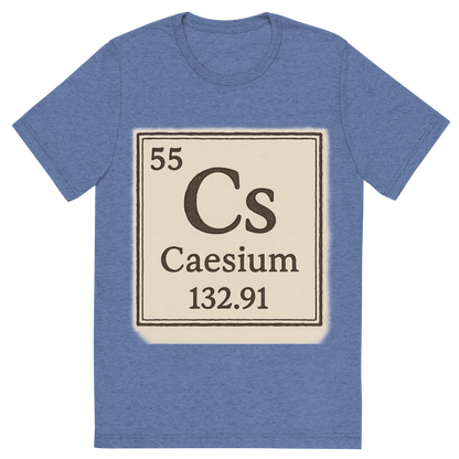 Front view of a Premium Tri-Blend Crew Neck T-Shirt in Blue showing 'A line art, nostalgic graphic of caesium's entry on the periodic table, use a dark color for the lines and text'