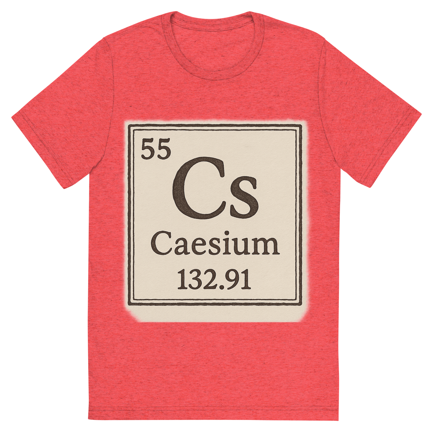 Front view of a Premium Tri-Blend Crew Neck T-Shirt in Red showing 'A line art, nostalgic graphic of caesium's entry on the periodic table, use a dark color for the lines and text'