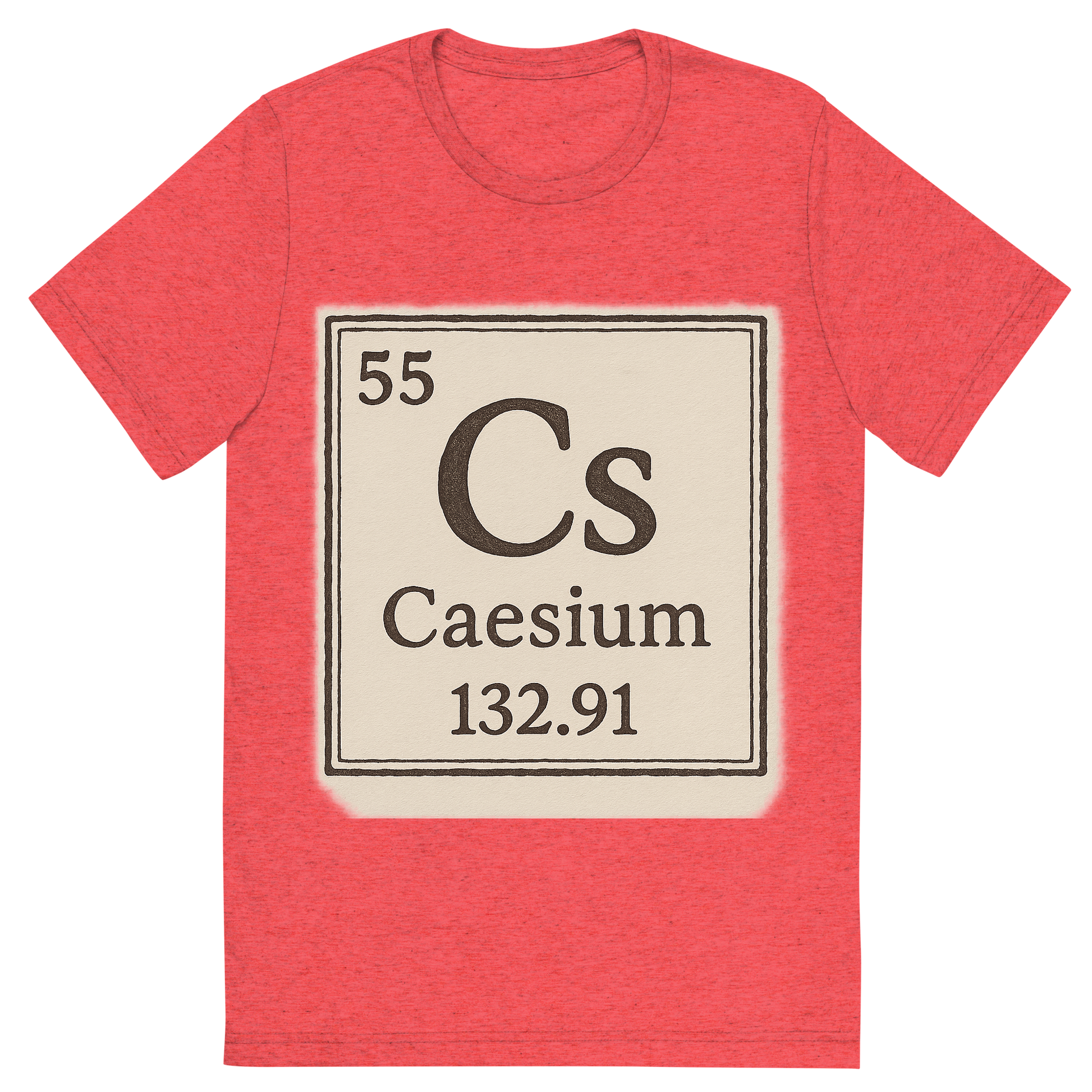 Front view of a Premium Tri-Blend Crew Neck T-Shirt in Red showing 'A line art, nostalgic graphic of caesium's entry on the periodic table, use a dark color for the lines and text'