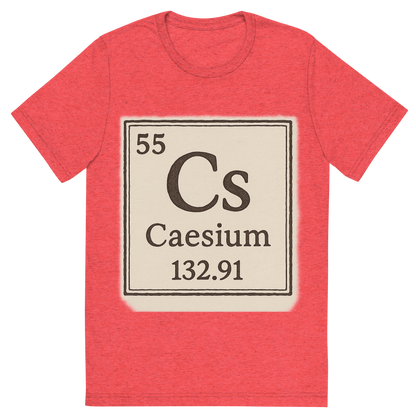 Front view of a Premium Tri-Blend Crew Neck T-Shirt in Red showing 'A line art, nostalgic graphic of caesium's entry on the periodic table, use a dark color for the lines and text'