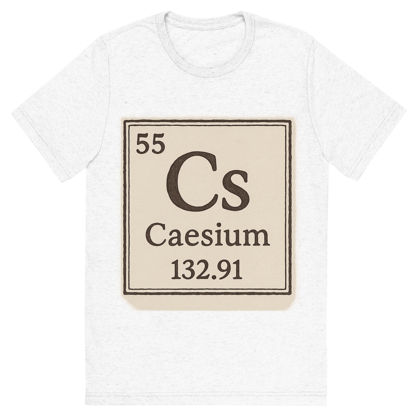Front view of a Premium Tri-Blend Crew Neck T-Shirt in Solid White showing 'A line art, nostalgic graphic of caesium's entry on the periodic table, use a dark color for the lines and text'