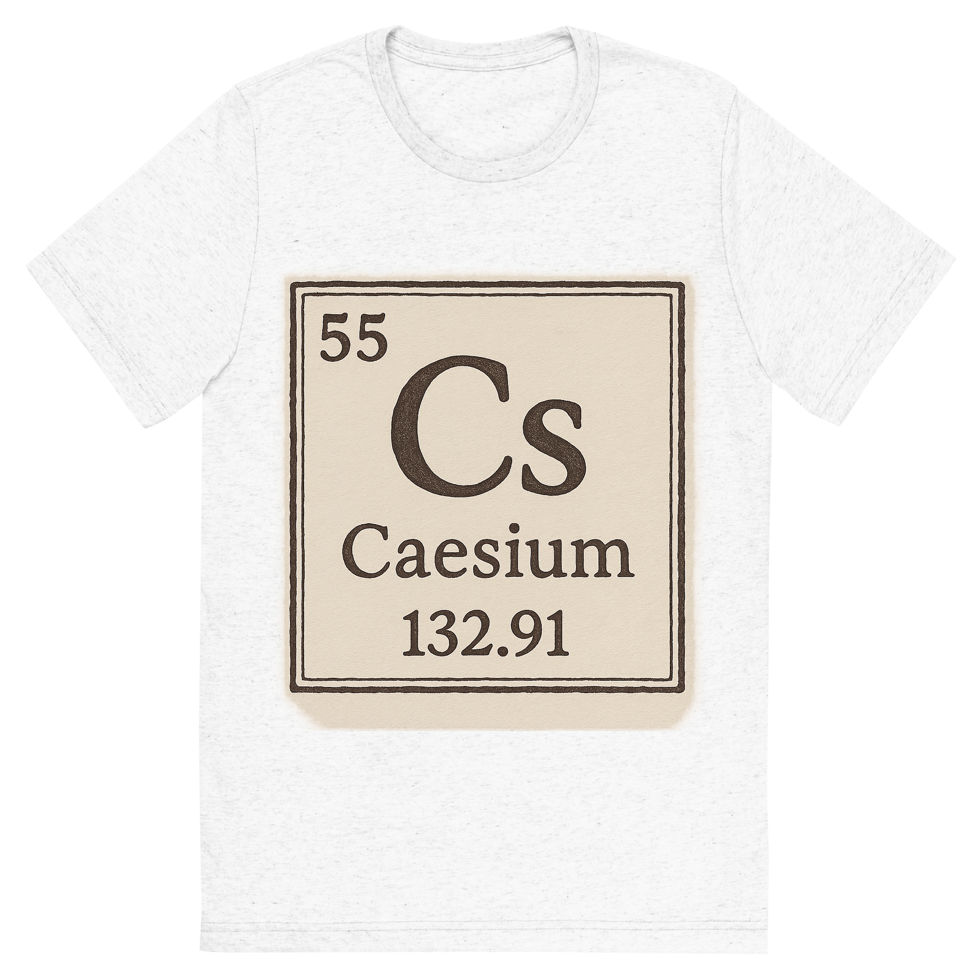 Front view of a Premium Tri-Blend Crew Neck T-Shirt in Solid White showing 'A line art, nostalgic graphic of caesium's entry on the periodic table, use a dark color for the lines and text'
