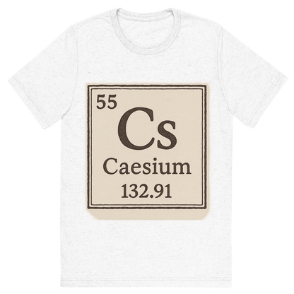 Front view of a Premium Tri-Blend Crew Neck T-Shirt in Solid White showing 'A line art, nostalgic graphic of caesium's entry on the periodic table, use a dark color for the lines and text'