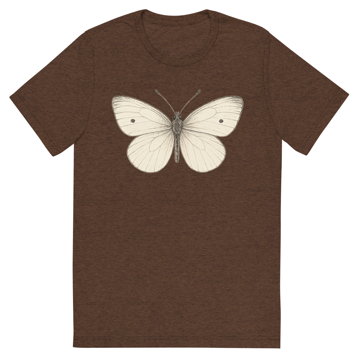 Front view of a Premium Tri-Blend Crew Neck T-Shirt in Brown showing 'A hand-drawn, tranquil graphic of small white butterfly'
