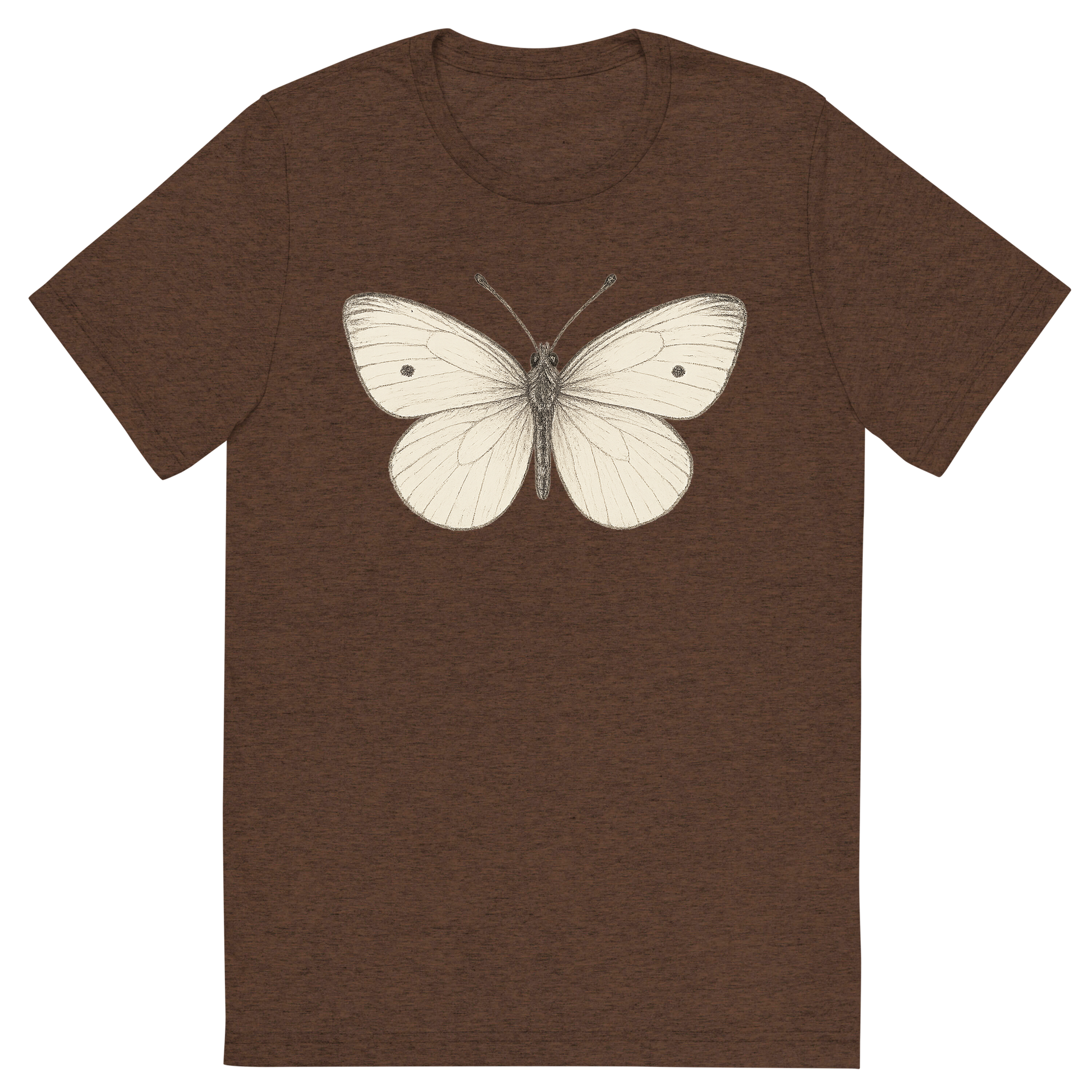 Front view of a Premium Tri-Blend Crew Neck T-Shirt in Brown showing 'A hand-drawn, tranquil graphic of small white butterfly'