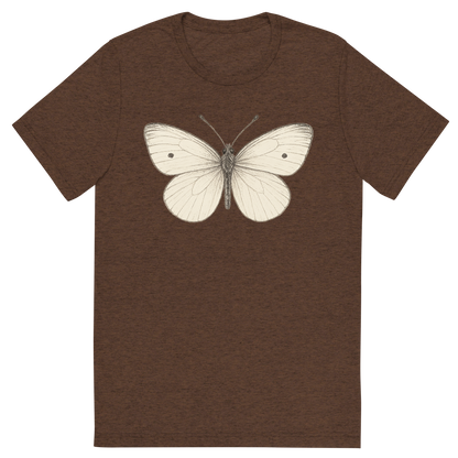 Front view of a Premium Tri-Blend Crew Neck T-Shirt in Brown showing 'A hand-drawn, tranquil graphic of small white butterfly'