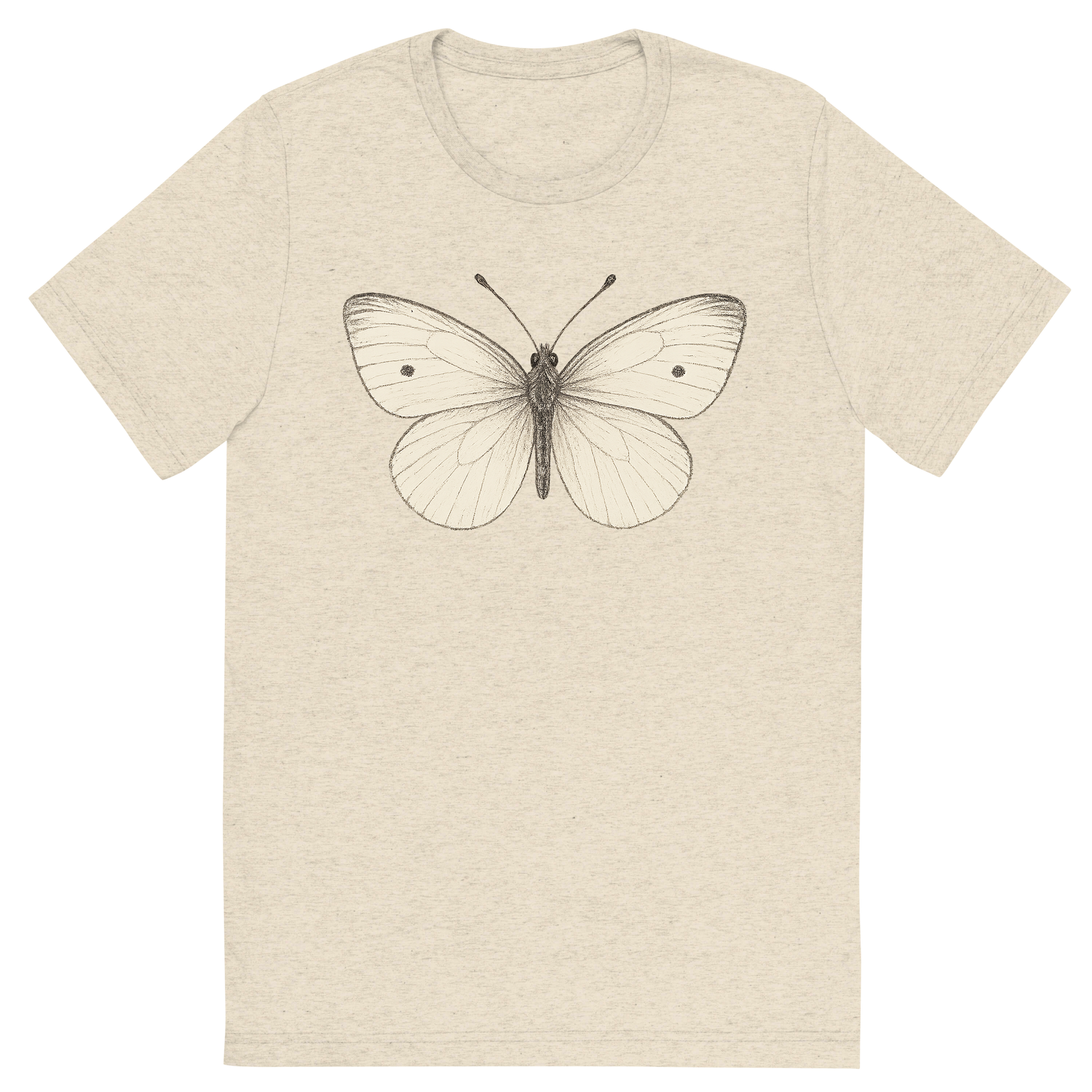 Front view of a Premium Tri-Blend Crew Neck T-Shirt in Oatmeal showing 'A hand-drawn, tranquil graphic of small white butterfly'