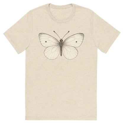 Front view of a Premium Tri-Blend Crew Neck T-Shirt in Oatmeal showing 'A hand-drawn, tranquil graphic of small white butterfly'