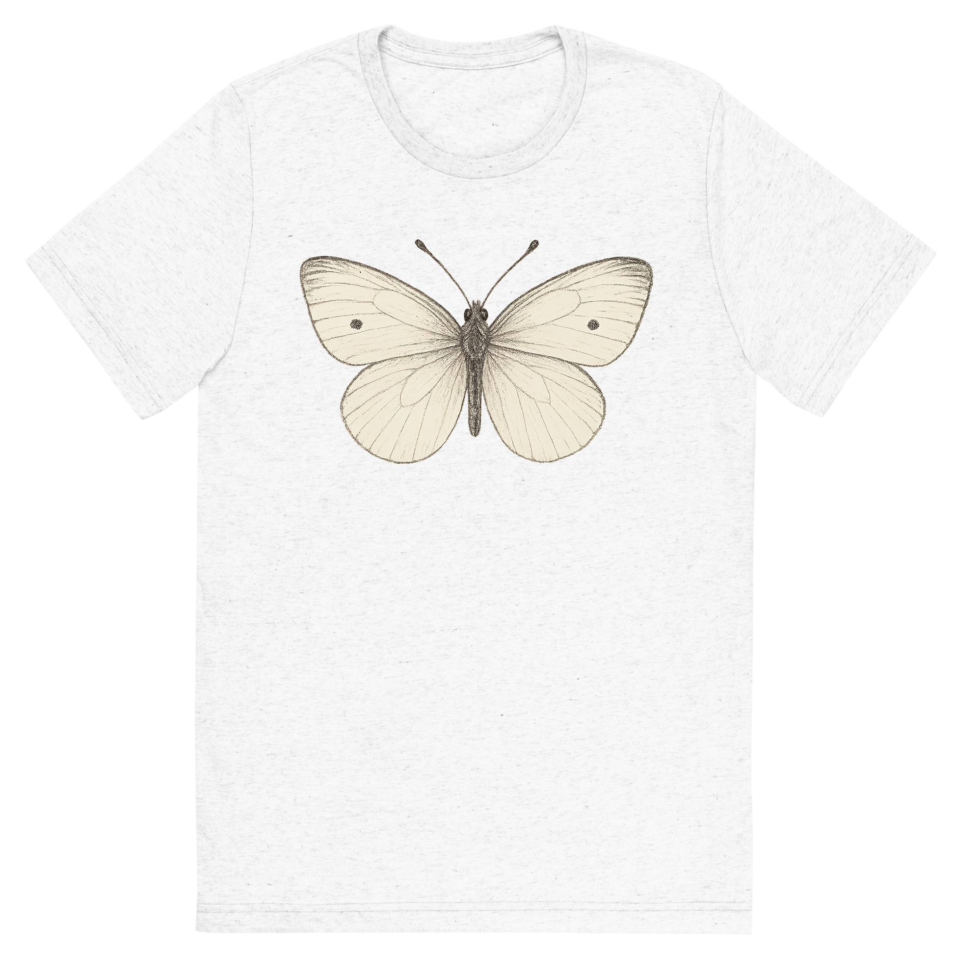 Front view of a Premium Tri-Blend Crew Neck T-Shirt in Solid White showing 'A hand-drawn, tranquil graphic of small white butterfly'