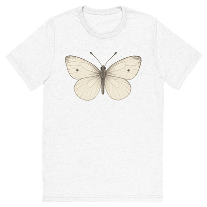 Front view of a Premium Tri-Blend Crew Neck T-Shirt in Solid White showing 'A hand-drawn, tranquil graphic of small white butterfly'