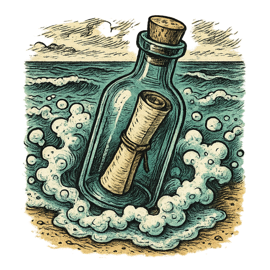 A hand-drawn ink with pops of color, mysterious graphic of a corked glass bottle with a rolled-up note inside, washed ashore with seafoam around it, hand-drawn ink with pops of color, centered composition, transparent background, optimized for dtg printing - a t-shirt design