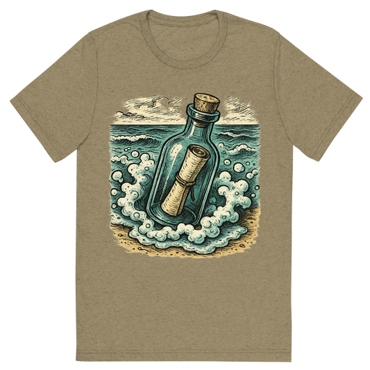 Front view of a Premium Tri-Blend Crew Neck T-Shirt in Olive showing 'A hand-drawn ink with pops of color, mysterious graphic of a corked glass bottle with a rolled-up note inside, washed ashore with seafoam around it, hand-drawn ink with pops of color, centered composition, transparent background, optimized for dtg printing'