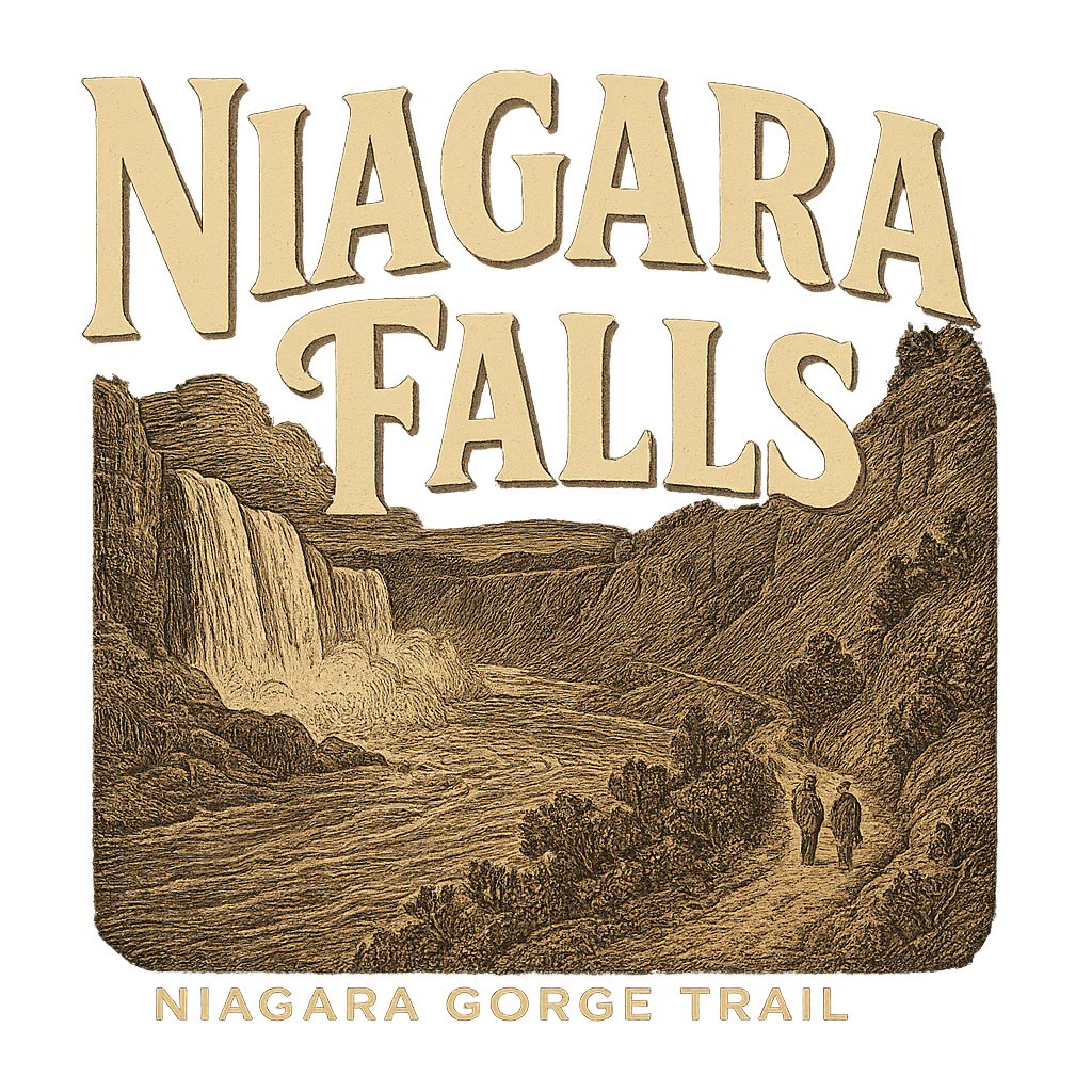 A typographic, nostalgic graphic of a typographic illustration of the words 'niagara falls' with a vintage line art drawing of the niagara gorge trail – a t-shirt design