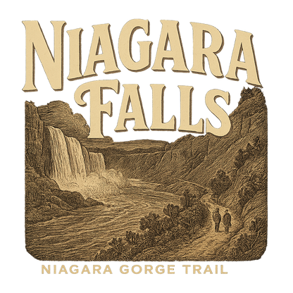 A typographic, nostalgic graphic of a typographic illustration of the words 'niagara falls' with a vintage line art drawing of the niagara gorge trail – a t-shirt design
