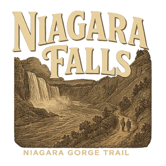 A typographic, nostalgic graphic of a typographic illustration of the words 'niagara falls' with a vintage line art drawing of the niagara gorge trail – a t-shirt design