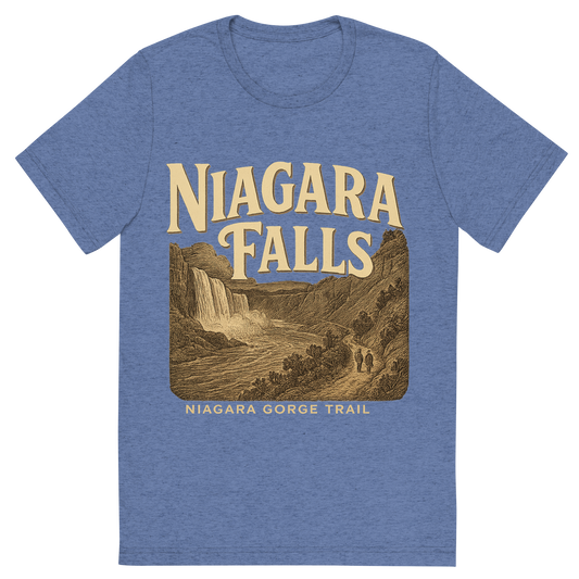 Front view of a Premium Tri-Blend Crew Neck T-Shirt in Blue showing 'A typographic, nostalgic graphic of a typographic illustration of the words 'niagara falls' with a vintage line art drawing of the niagara gorge trail'