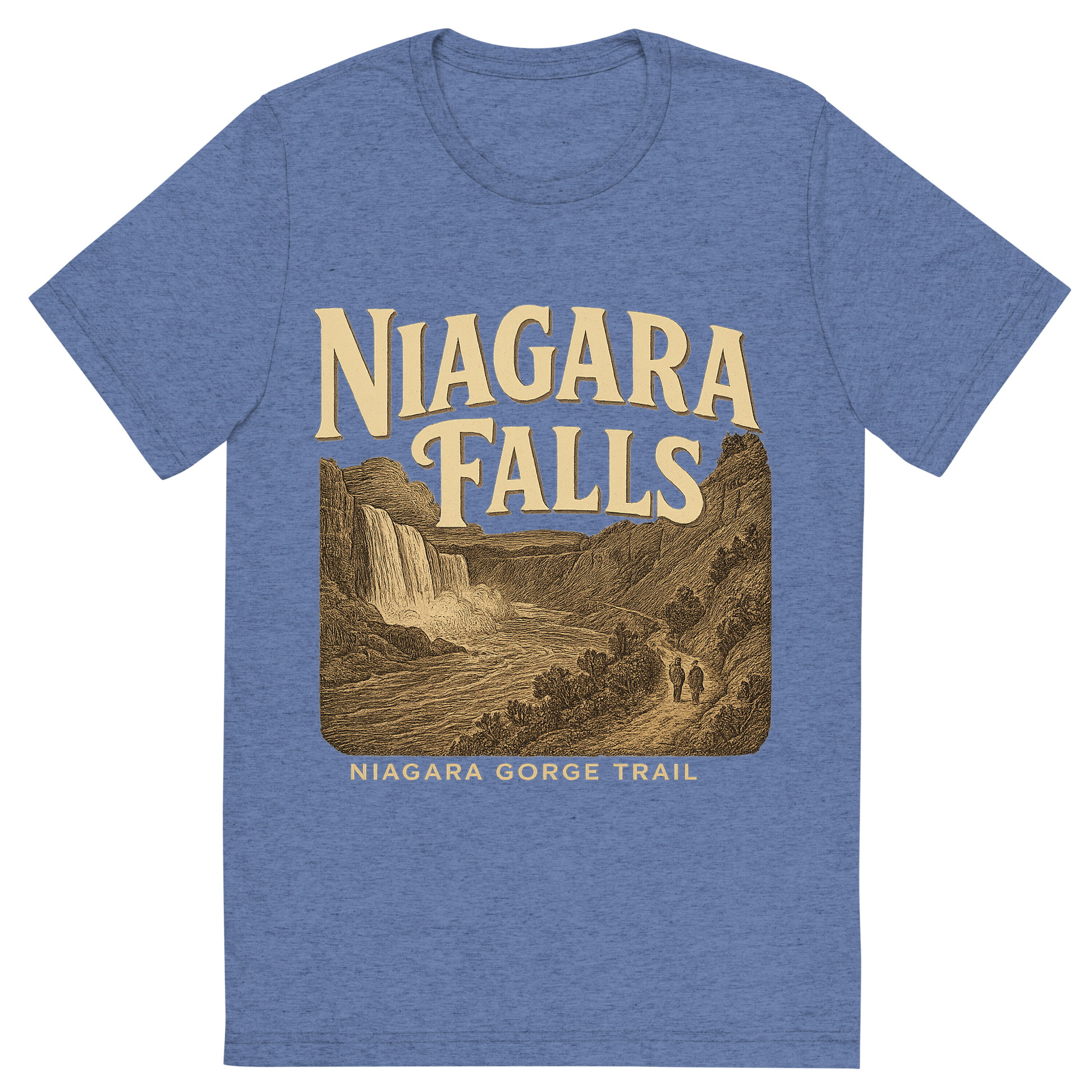 Front view of a Premium Tri-Blend Crew Neck T-Shirt in Blue showing 'A typographic, nostalgic graphic of a typographic illustration of the words 'niagara falls' with a vintage line art drawing of the niagara gorge trail'
