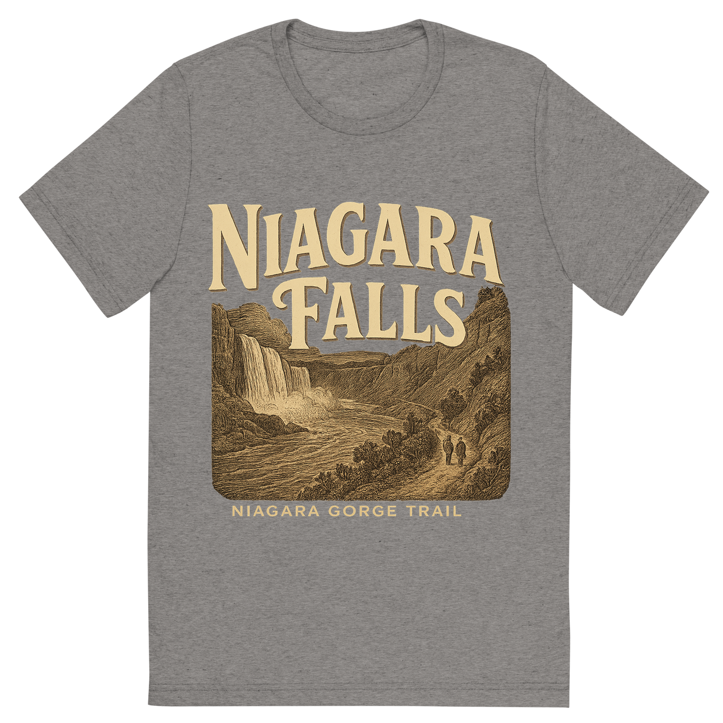 Front view of a Premium Tri-Blend Crew Neck T-Shirt in Grey showing 'A typographic, nostalgic graphic of a typographic illustration of the words 'niagara falls' with a vintage line art drawing of the niagara gorge trail'