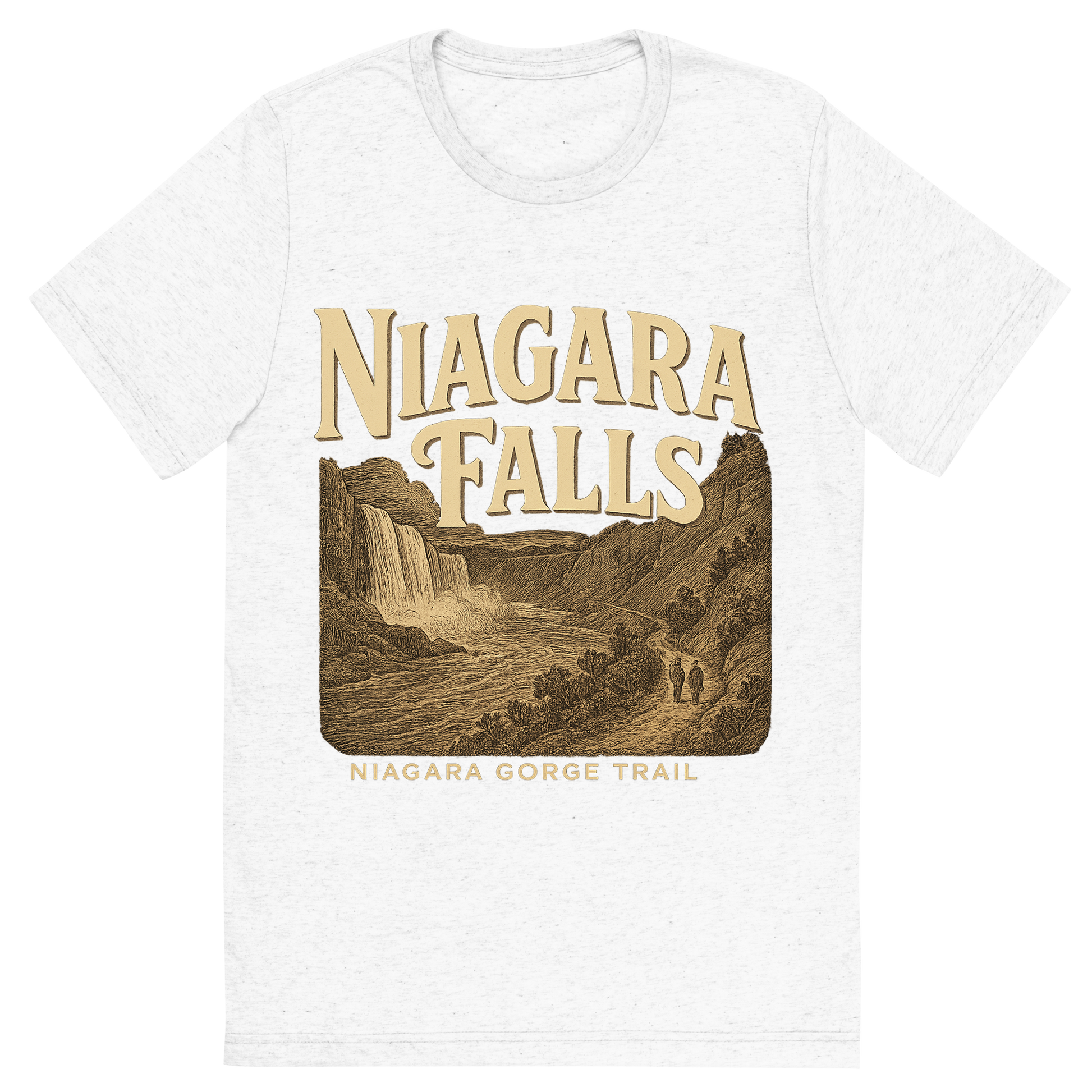 Front view of a Premium Tri-Blend Crew Neck T-Shirt in Solid White showing 'A typographic, nostalgic graphic of a typographic illustration of the words 'niagara falls' with a vintage line art drawing of the niagara gorge trail'