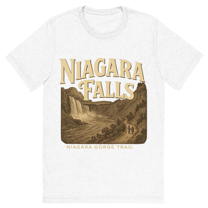 Front view of a Premium Tri-Blend Crew Neck T-Shirt in Solid White showing 'A typographic, nostalgic graphic of a typographic illustration of the words 'niagara falls' with a vintage line art drawing of the niagara gorge trail'