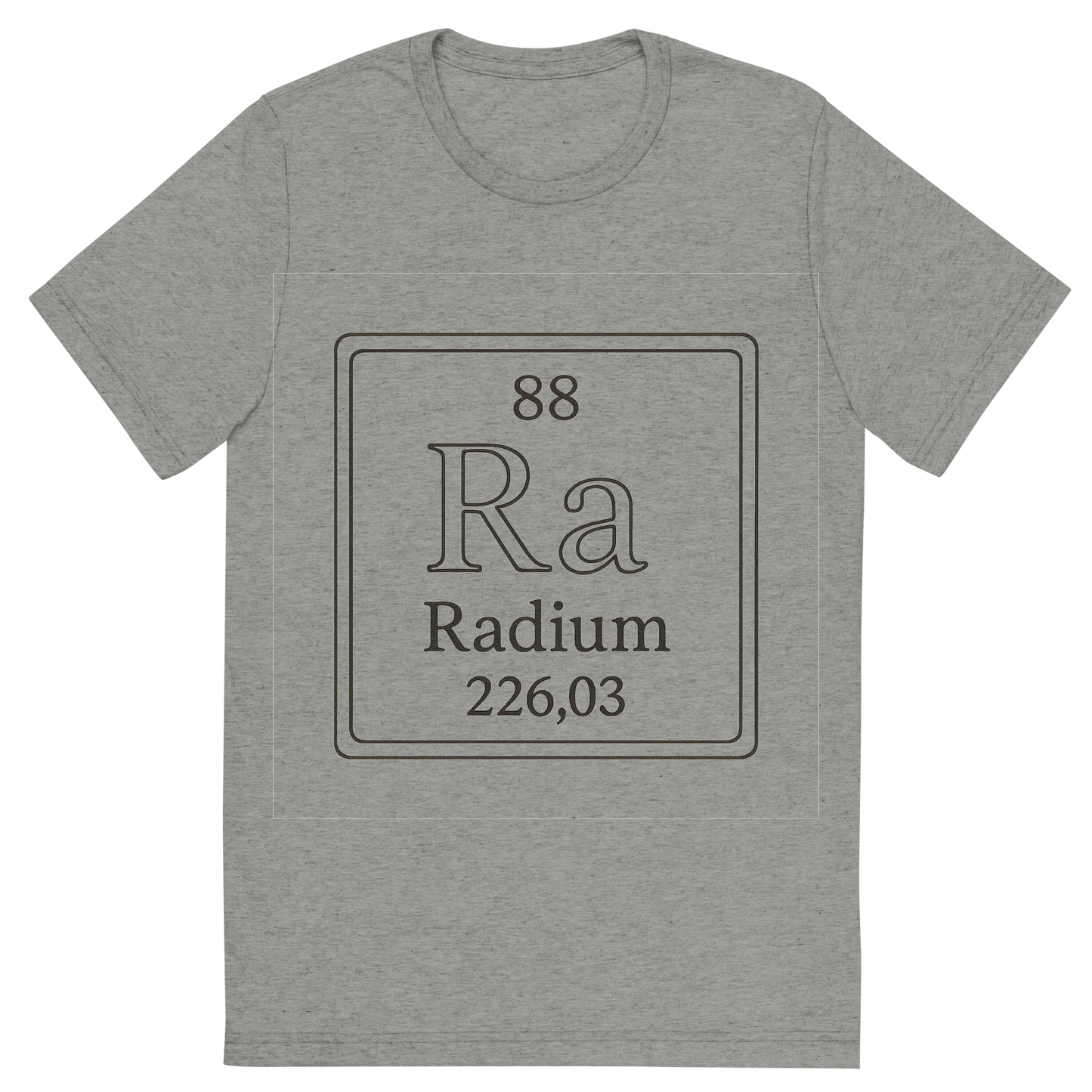 Front view of a Premium Tri-Blend Crew Neck T-Shirt in Athletic Grey showing 'A line art, nostalgic graphic of radium's entry on the periodic table, use a dark color for the lines and text'