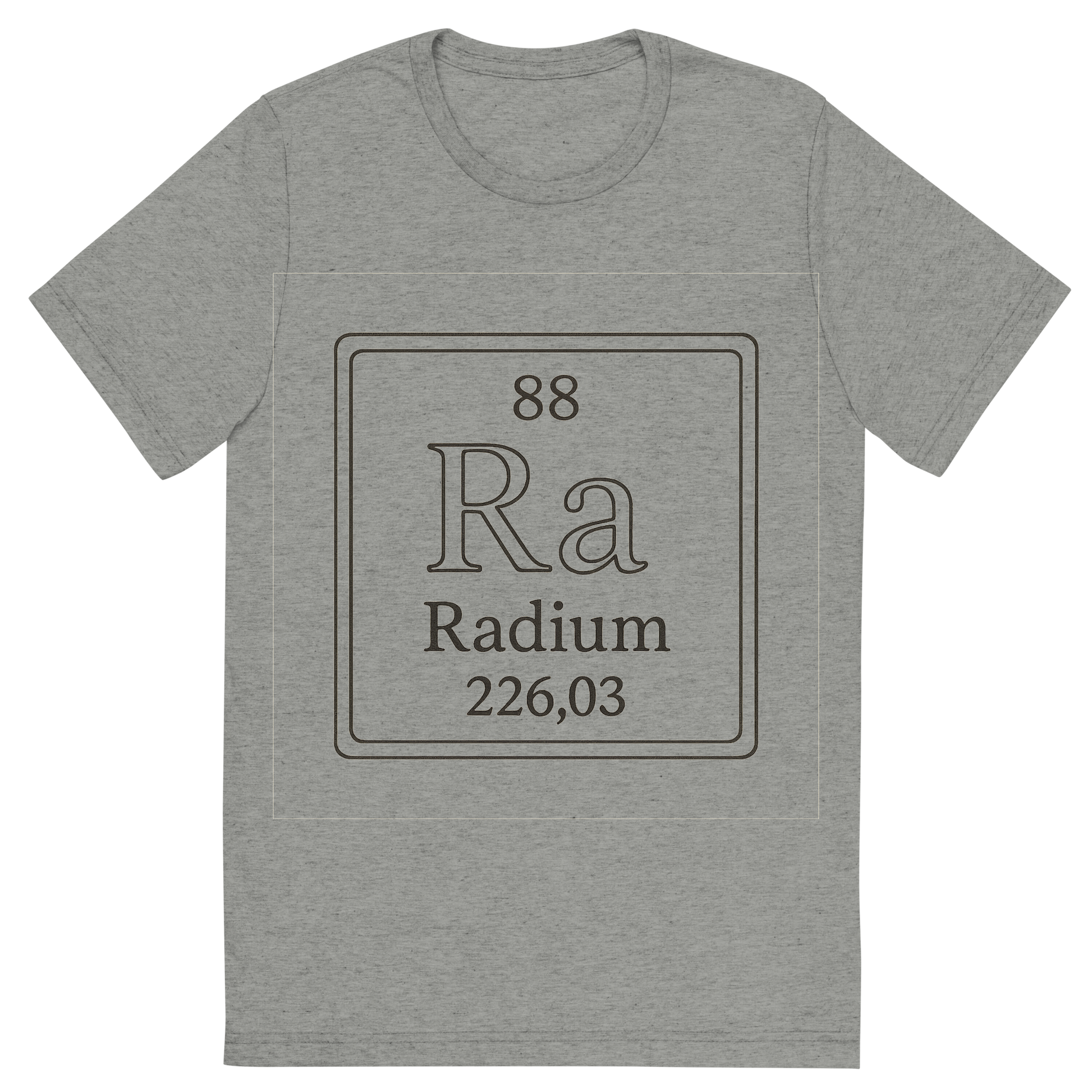 Front view of a Premium Tri-Blend Crew Neck T-Shirt in Athletic Grey showing 'A line art, nostalgic graphic of radium's entry on the periodic table, use a dark color for the lines and text'