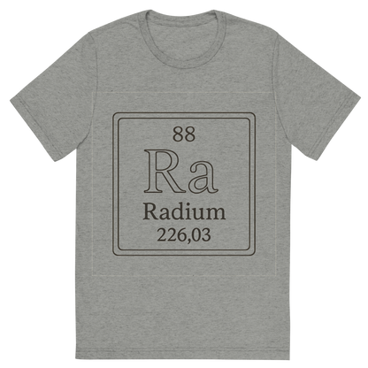 Front view of a Premium Tri-Blend Crew Neck T-Shirt in Athletic Grey showing 'A line art, nostalgic graphic of radium's entry on the periodic table, use a dark color for the lines and text'