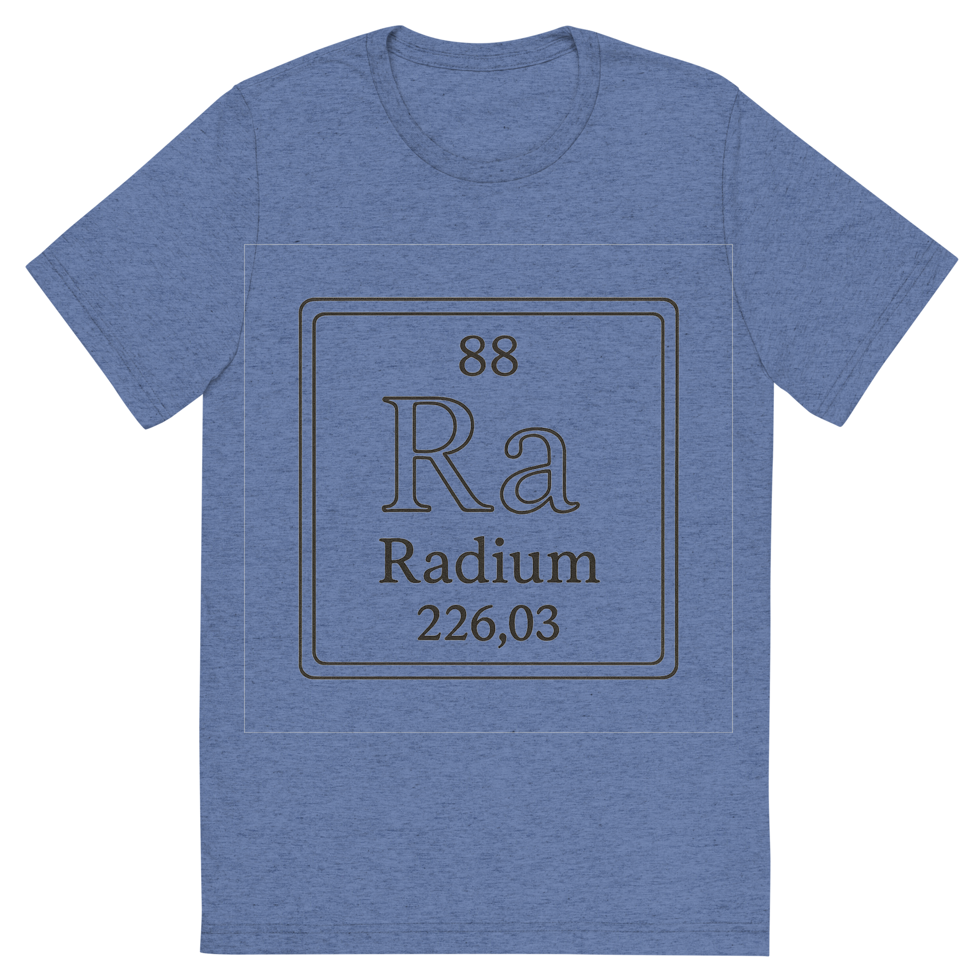 Front view of a Premium Tri-Blend Crew Neck T-Shirt in Blue showing 'A line art, nostalgic graphic of radium's entry on the periodic table, use a dark color for the lines and text'