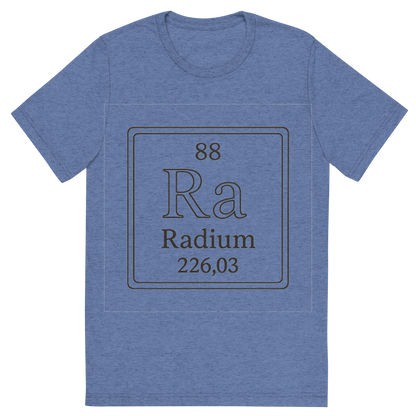 Front view of a Premium Tri-Blend Crew Neck T-Shirt in Blue showing 'A line art, nostalgic graphic of radium's entry on the periodic table, use a dark color for the lines and text'