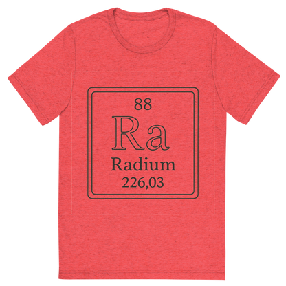 Front view of a Premium Tri-Blend Crew Neck T-Shirt in Red showing 'A line art, nostalgic graphic of radium's entry on the periodic table, use a dark color for the lines and text'