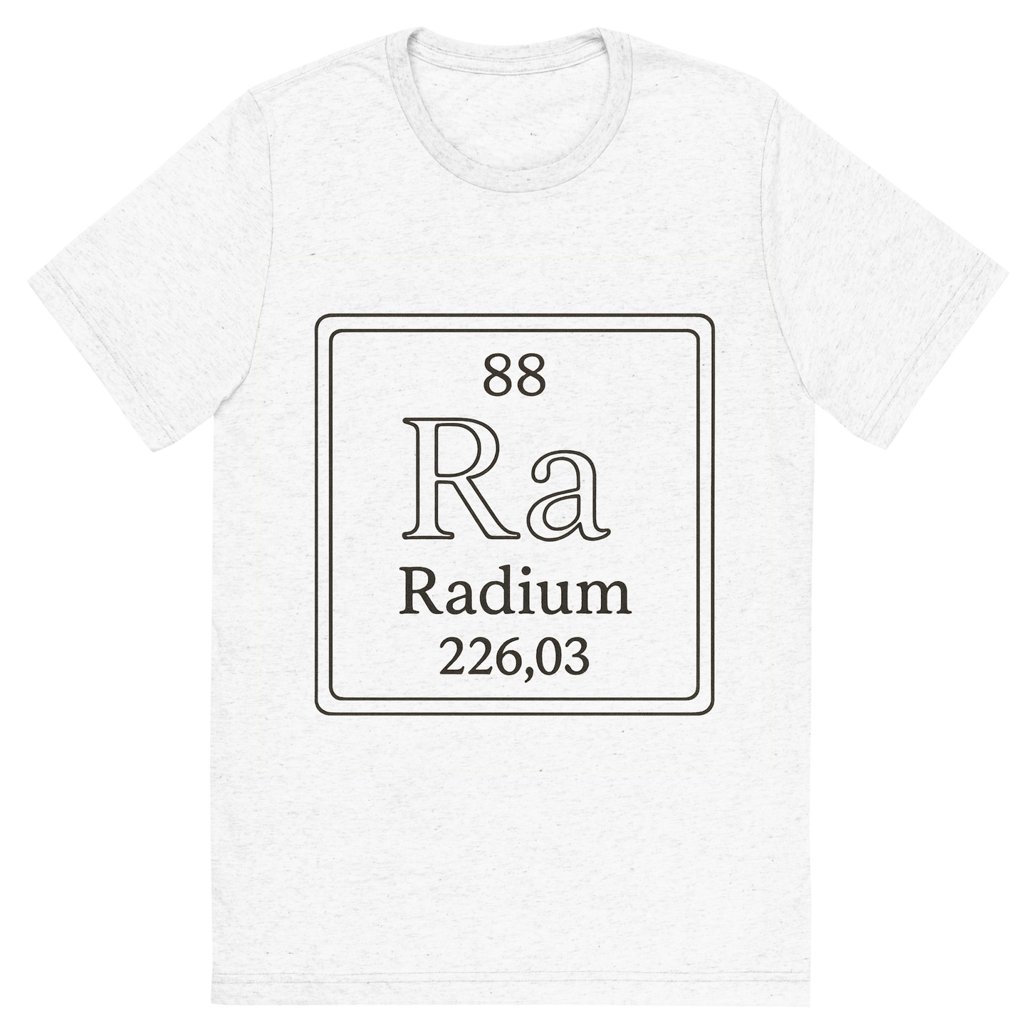 Front view of a Premium Tri-Blend Crew Neck T-Shirt in Solid White showing 'A line art, nostalgic graphic of radium's entry on the periodic table, use a dark color for the lines and text'