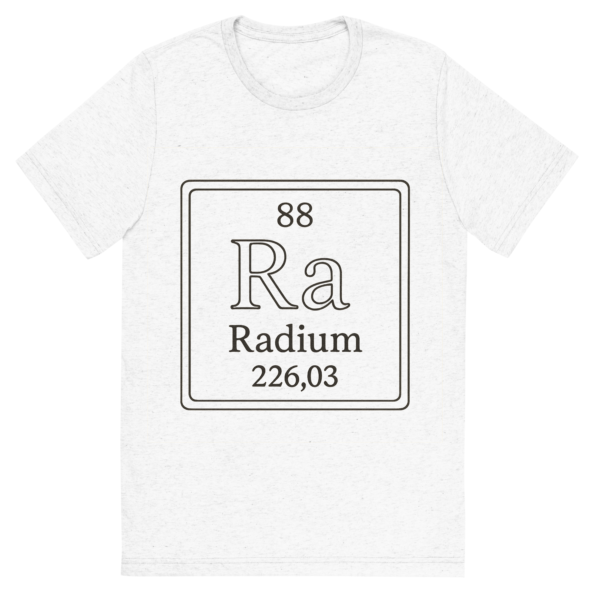 Front view of a Premium Tri-Blend Crew Neck T-Shirt in Solid White showing 'A line art, nostalgic graphic of radium's entry on the periodic table, use a dark color for the lines and text'