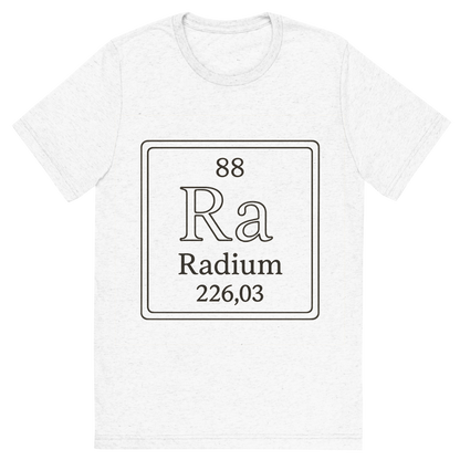 Front view of a Premium Tri-Blend Crew Neck T-Shirt in Solid White showing 'A line art, nostalgic graphic of radium's entry on the periodic table, use a dark color for the lines and text'