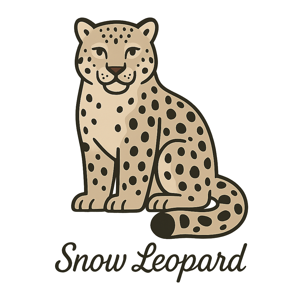 A flat, neutral graphic of a clean illustration of a snow leopard with thick fur, curled tail, and spotted coat. “snow leopard” is written below in graceful script. – a t-shirt design