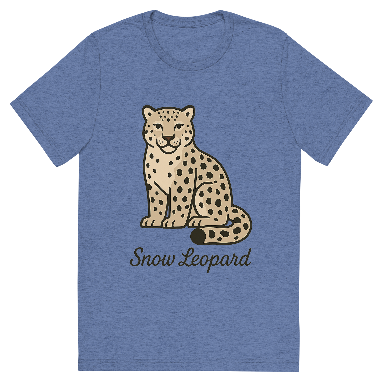 Front view of a Premium Tri-Blend Crew Neck T-Shirt in Blue showing 'A flat, neutral graphic of a clean illustration of a snow leopard with thick fur, curled tail, and spotted coat. “snow leopard” is written below in graceful script.'