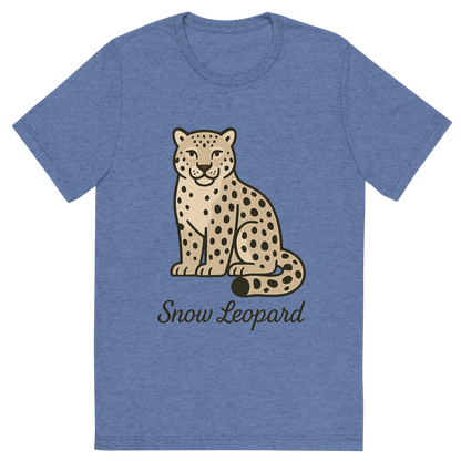 Front view of a Premium Tri-Blend Crew Neck T-Shirt in Blue showing 'A flat, neutral graphic of a clean illustration of a snow leopard with thick fur, curled tail, and spotted coat. “snow leopard” is written below in graceful script.'