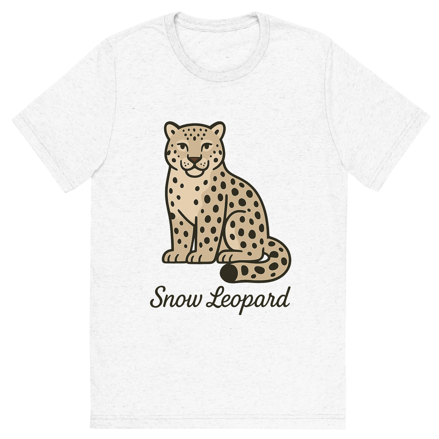 Front view of a Premium Tri-Blend Crew Neck T-Shirt in Solid White showing 'A flat, neutral graphic of a clean illustration of a snow leopard with thick fur, curled tail, and spotted coat. “snow leopard” is written below in graceful script.'