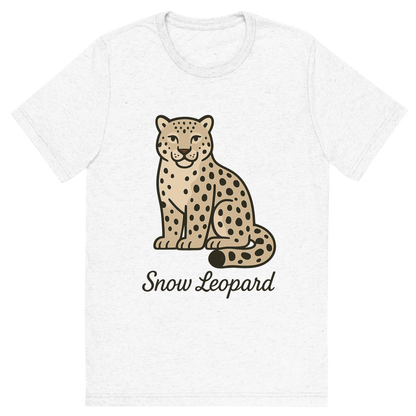 Front view of a Premium Tri-Blend Crew Neck T-Shirt in Solid White showing 'A flat, neutral graphic of a clean illustration of a snow leopard with thick fur, curled tail, and spotted coat. “snow leopard” is written below in graceful script.'