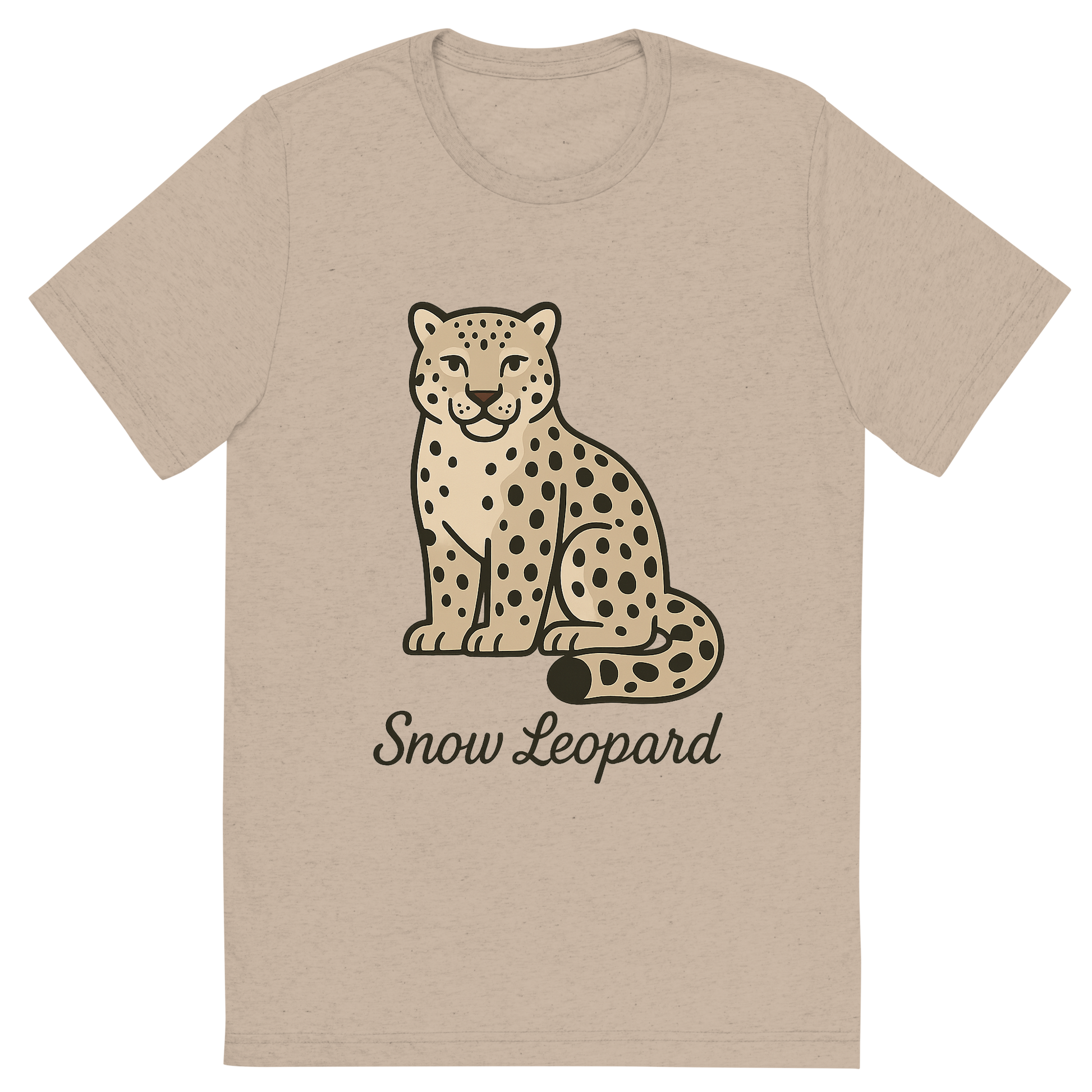 Front view of a Premium Tri-Blend Crew Neck T-Shirt in Tan showing 'A flat, neutral graphic of a clean illustration of a snow leopard with thick fur, curled tail, and spotted coat. “snow leopard” is written below in graceful script.'