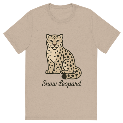 Front view of a Premium Tri-Blend Crew Neck T-Shirt in Tan showing 'A flat, neutral graphic of a clean illustration of a snow leopard with thick fur, curled tail, and spotted coat. “snow leopard” is written below in graceful script.'