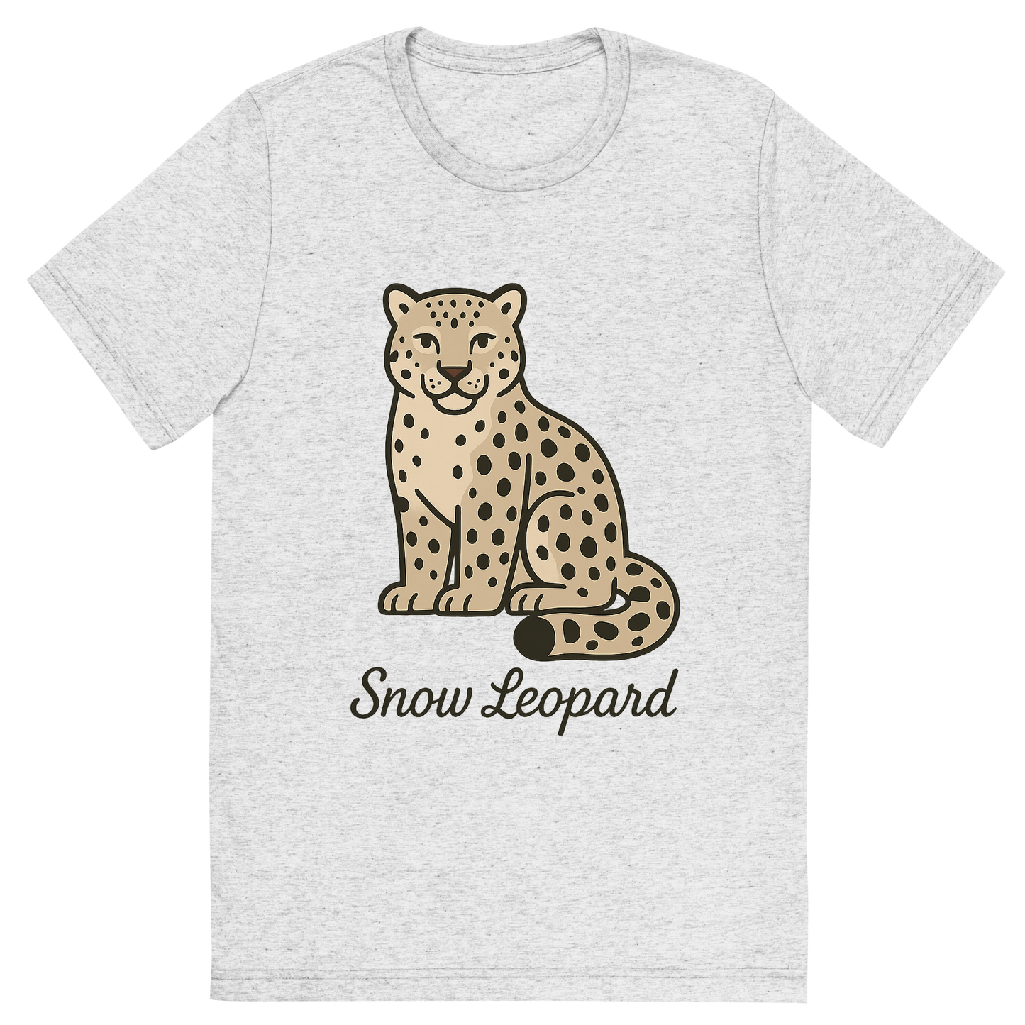 Front view of a Premium Tri-Blend Crew Neck T-Shirt in White Fleck showing 'A flat, neutral graphic of a clean illustration of a snow leopard with thick fur, curled tail, and spotted coat. “snow leopard” is written below in graceful script.'