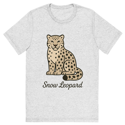 Front view of a Premium Tri-Blend Crew Neck T-Shirt in White Fleck showing 'A flat, neutral graphic of a clean illustration of a snow leopard with thick fur, curled tail, and spotted coat. “snow leopard” is written below in graceful script.'