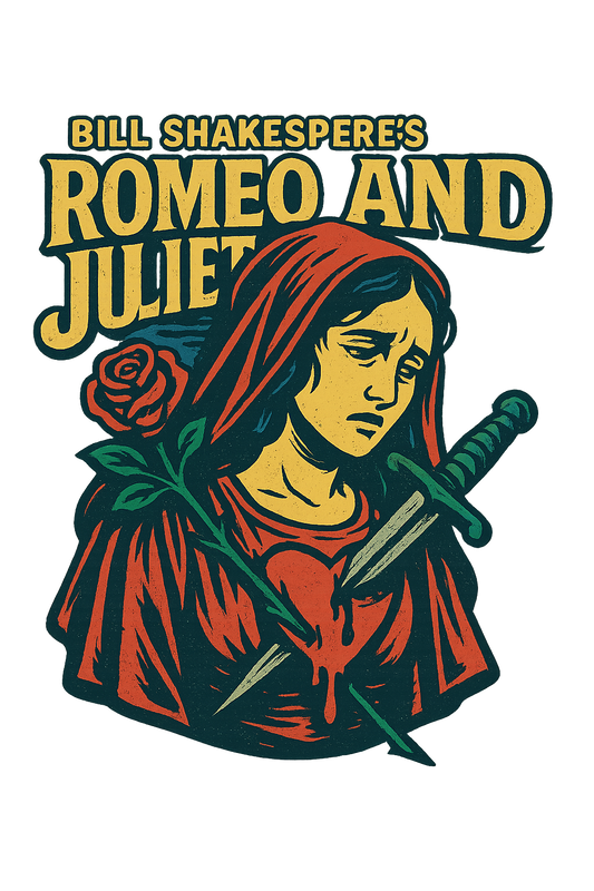 A retro, edgy graphic of a visual representation of a key theme and character from william shakespeare's romeo and juliet – a t-shirt design