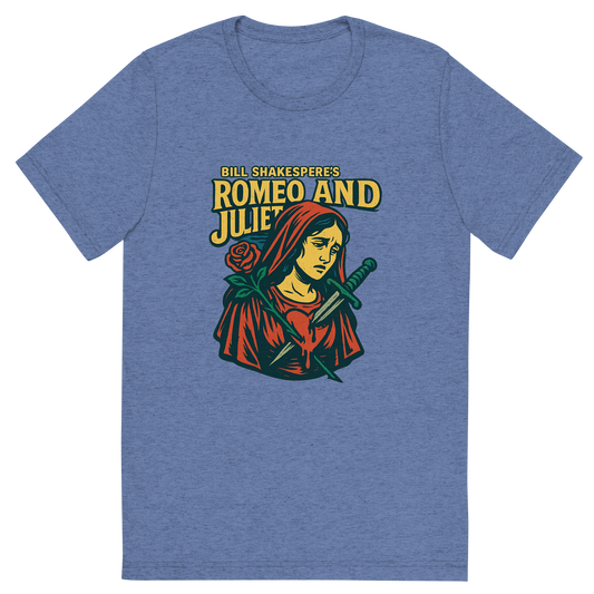 Front view of a Premium Tri-Blend Crew Neck T-Shirt in Blue showing 'A retro, edgy graphic of a visual representation of a key theme and character from william shakespeare's romeo and juliet'