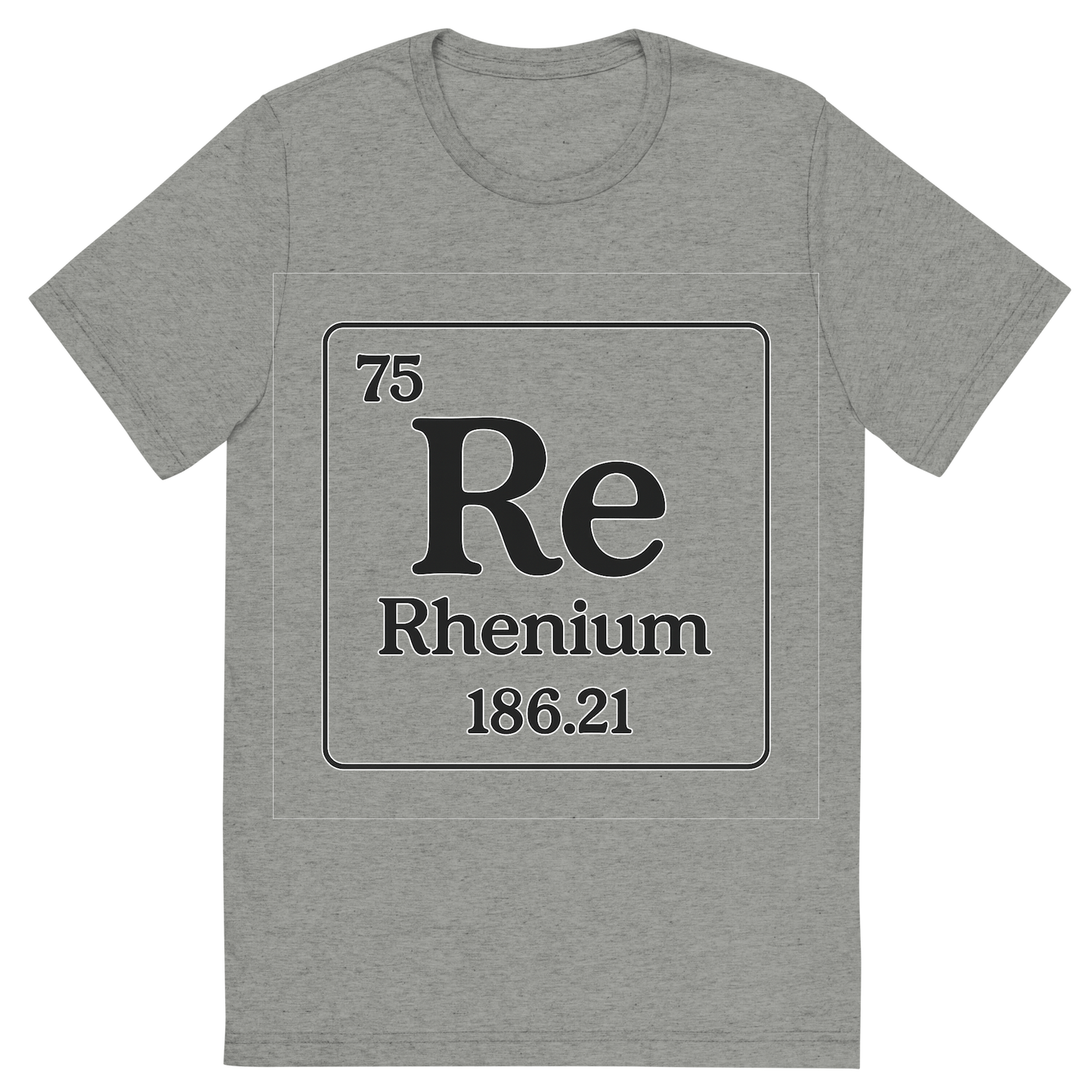 Front view of a Premium Tri-Blend Crew Neck T-Shirt in Athletic Grey showing 'A line art, nostalgic graphic of rhenium's entry on the periodic table, use a dark color for the lines and text'