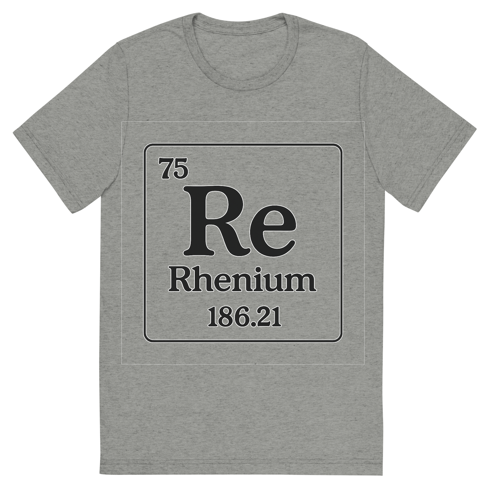 Front view of a Premium Tri-Blend Crew Neck T-Shirt in Athletic Grey showing 'A line art, nostalgic graphic of rhenium's entry on the periodic table, use a dark color for the lines and text'