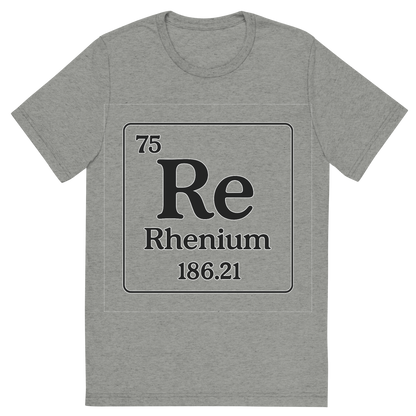 Front view of a Premium Tri-Blend Crew Neck T-Shirt in Athletic Grey showing 'A line art, nostalgic graphic of rhenium's entry on the periodic table, use a dark color for the lines and text'