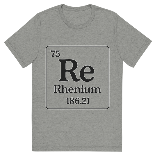 Front view of a Premium Tri-Blend Crew Neck T-Shirt in Athletic Grey showing 'A line art, nostalgic graphic of rhenium's entry on the periodic table, use a dark color for the lines and text'